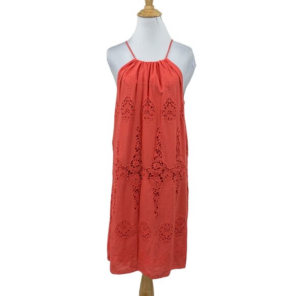 MSSP Max Studio Dress Women XS Extra Small Coral Halter Floral Crochet Keyhole - Picture 1 of 15